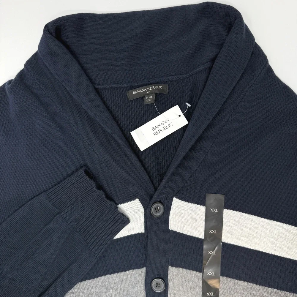 Banana Republic Mens XXL Navy Blue Striped Shawl Collar‎ Cardigan Sweater NEW